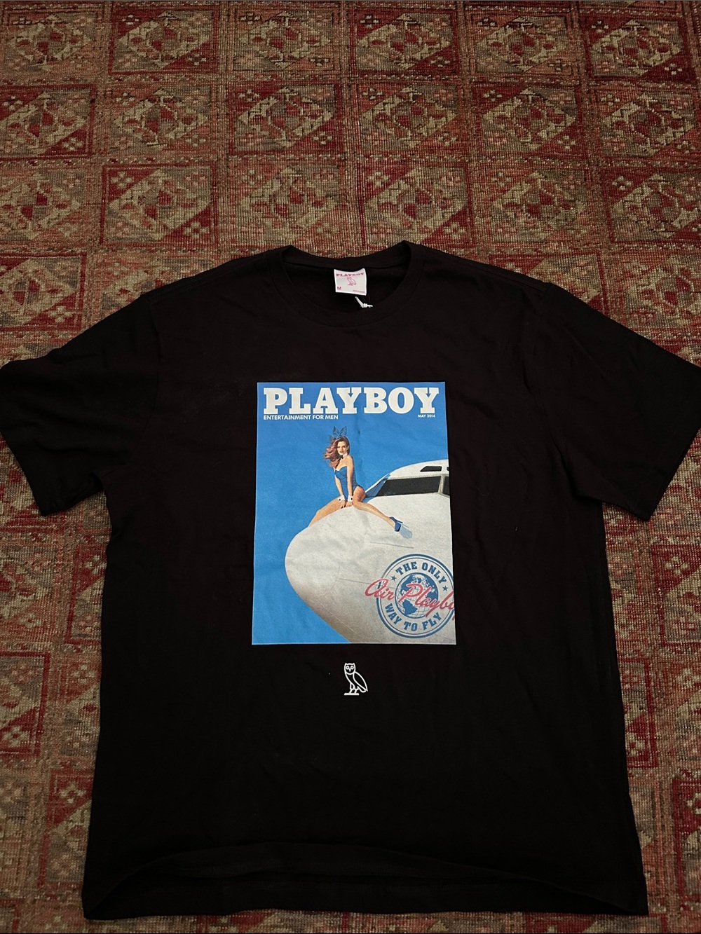 PLAYBOY x OVO Black Tee with Blue Poster Graphic. Drake’s label collab. Size M